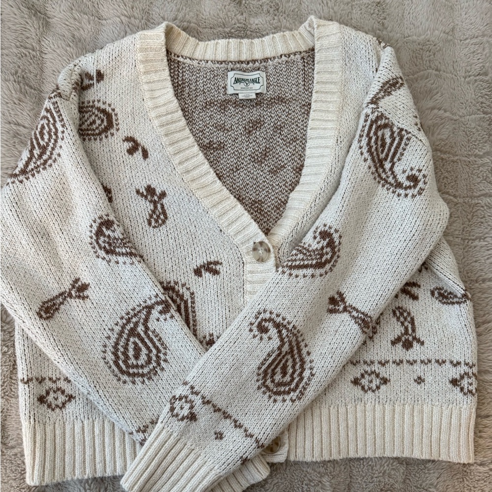 American Eagle Outfitters Cream and Brown Paisley Cardigan